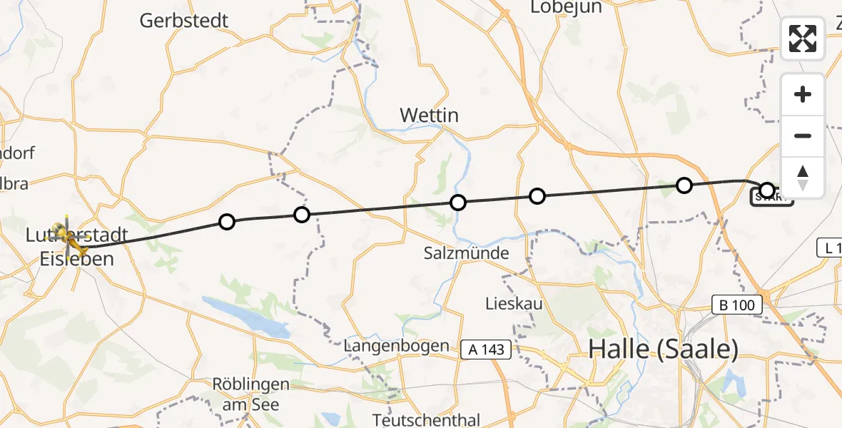 Flugroute Rettungshubschrauber Halle-Oppin Flugplatz - Helios Krankenhaus Lutherstadt Eisleben Hubschrauberlandeplatz, 14 Juni 2026, 16:13