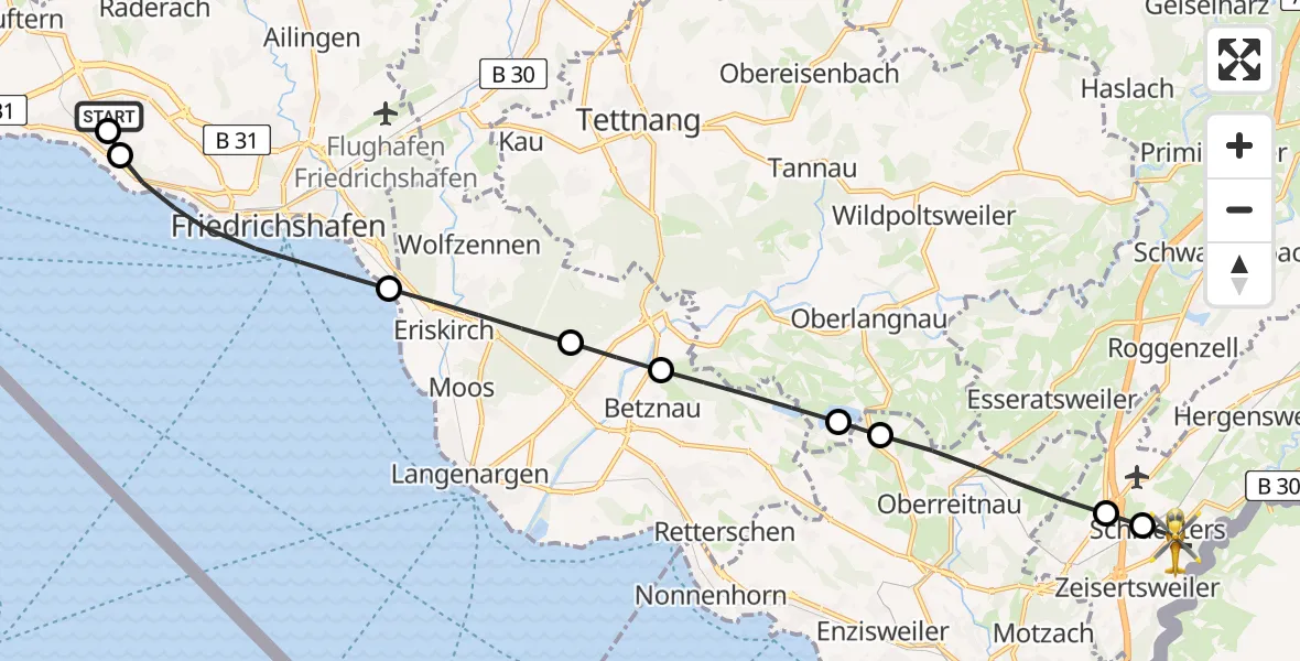 Flugroute Rettungshubschrauber Friedrichshafen Hospital - Sigmarszell, 14 Juni 2026, 16:15