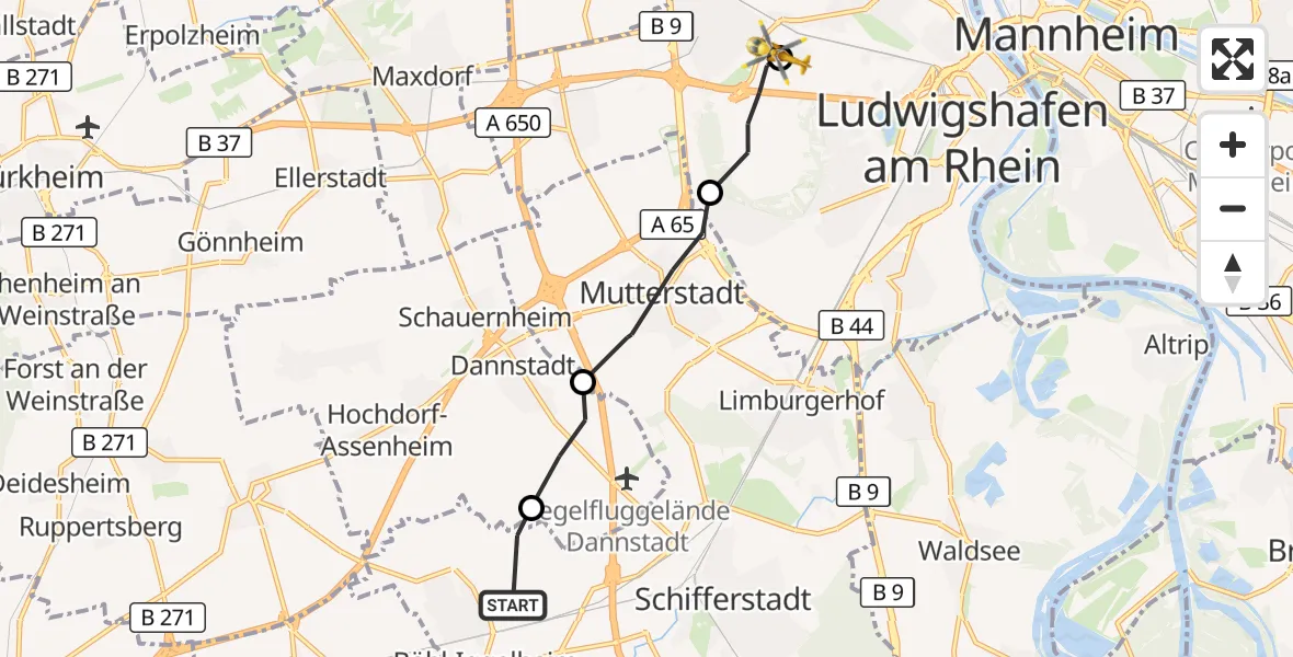 Flugroute Rettungshubschrauber Böhl-Iggelheim - Ludwigshafen Accident Hospital, 14 Juni 2026, 16:22