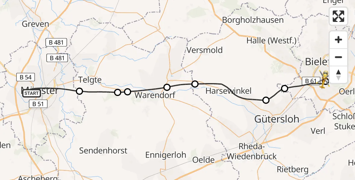 Flugroute Rettungshubschrauber Münster - Luftrettungszentrum Bielefeld, 14 Juni 2026, 16:24