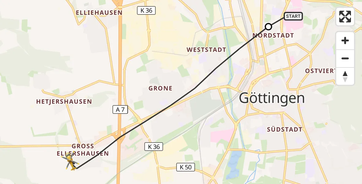 Flugroute Rettungshubschrauber Göttingen University Clinic Hubschrauberlandeplatz - Göttingen, 14 Juni 2026, 16:28