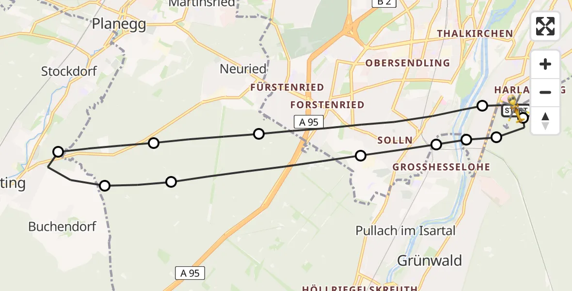Flugroute Rettungshubschrauber ADAC Air Rescue Center Hubschrauberlandeplatz (Christoph 1) - ADAC Air Rescue Center Hubschrauberlandeplatz (Christoph 1), 14 Juni 2026, 16:31