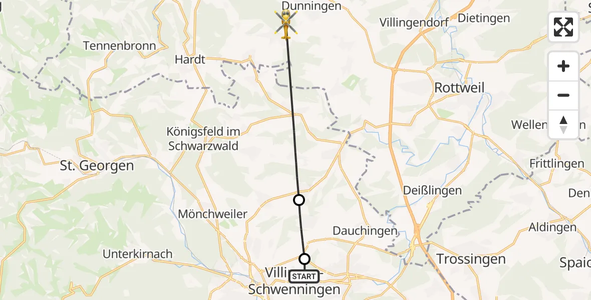 Flugroute Ambulanzhubschrauber DRF Air Rescue Station Villingen-Schwenningen Hubschrauberlandeplatz (Christoph 11) - Dunningen, 14 Juni 2026, 16:33