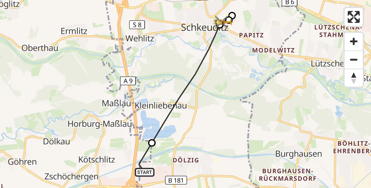 Flugroute Rettungshubschrauber ADAC Air Rescue Station Leipzig/Schkeuditz-Dölzig Hubschrauberlandeplatz (Christoph 61) - Helios Clinic Schkeuditz, 14 Juni 2026, 16:35