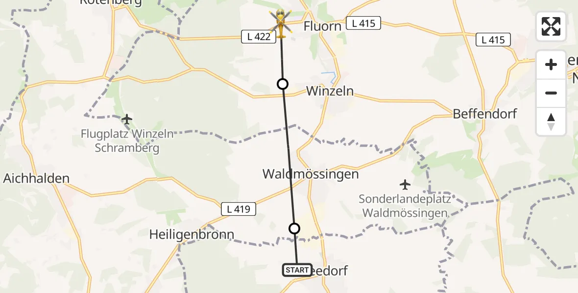Flugroute Ambulanzhubschrauber Dunningen - Fluorn-Winzeln, 14 Juni 2026, 16:39