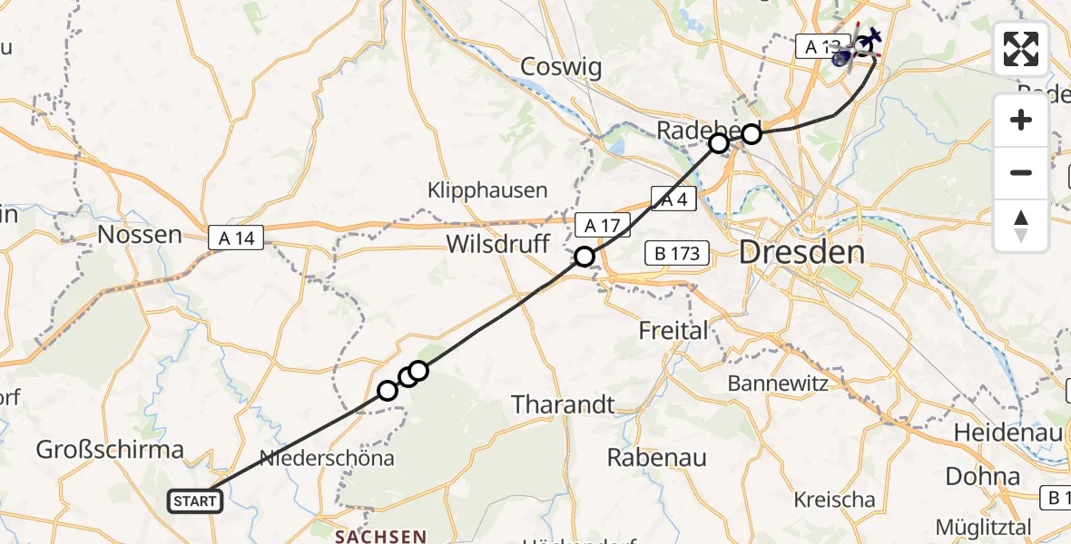 Flugroute Polizeihubschrauber Halsbrücke - Dresden Bundespolizei Hubschrauberlandeplatz, 14 Juni 2026, 16:42
