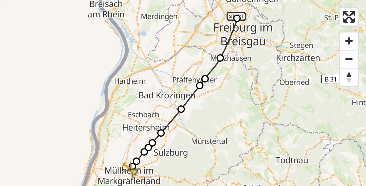 Flugroute Ambulanzhubschrauber Freiburg im Breisgau Flugplatz - Müllheim im Markgräflerland, 14 Juni 2026, 16:43