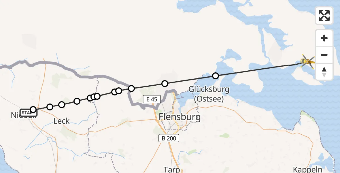 Flugroute Rettungshubschrauber Niebüll - Glücksburg (Ostsee), 14 Juni 2026, 16:44