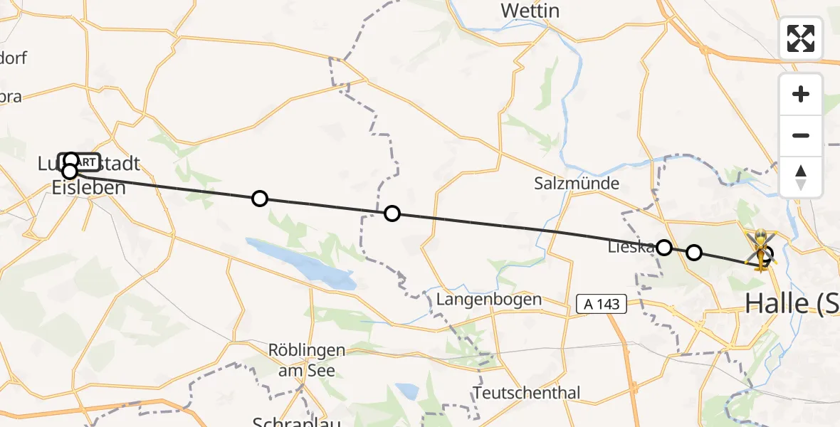 Flugroute Rettungshubschrauber Helios Hospital Lutherstadt Eisleben - Halle (Saale) University Hospital, 14 Juni 2026, 16:44