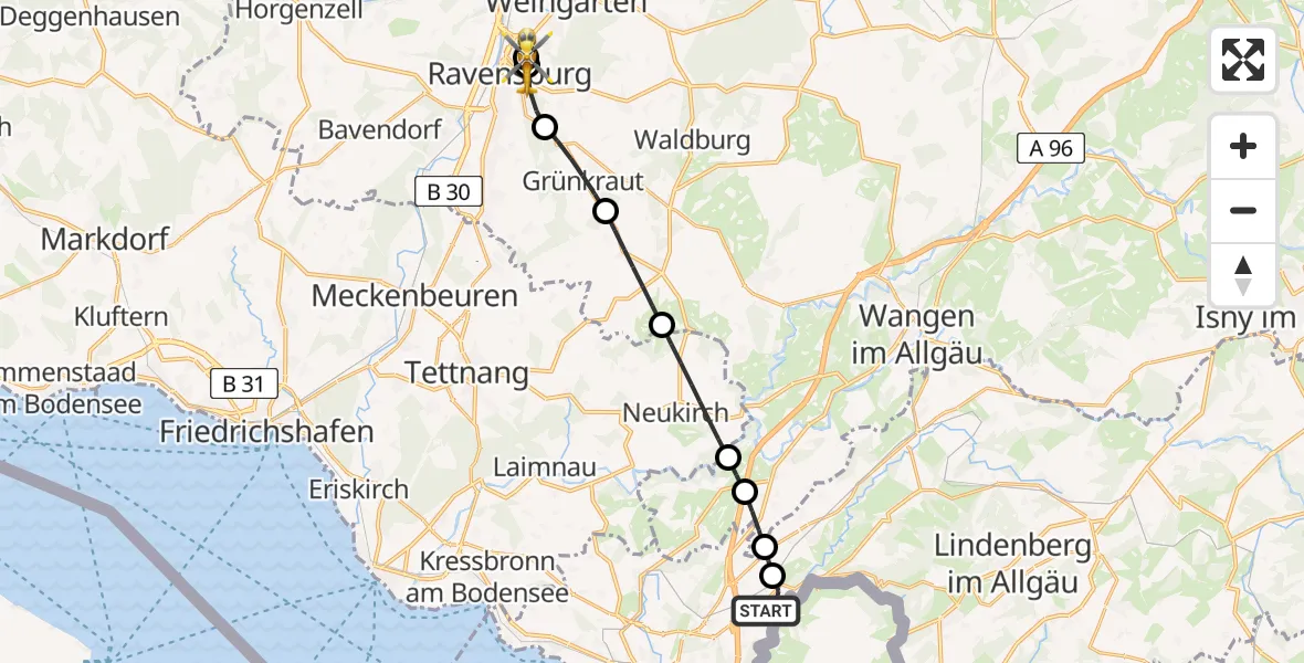 Flugroute Rettungshubschrauber Sigmarszell - Sankt Elisabeth Hospital Hubschrauberlandeplatz, 14 Juni 2026, 16:45