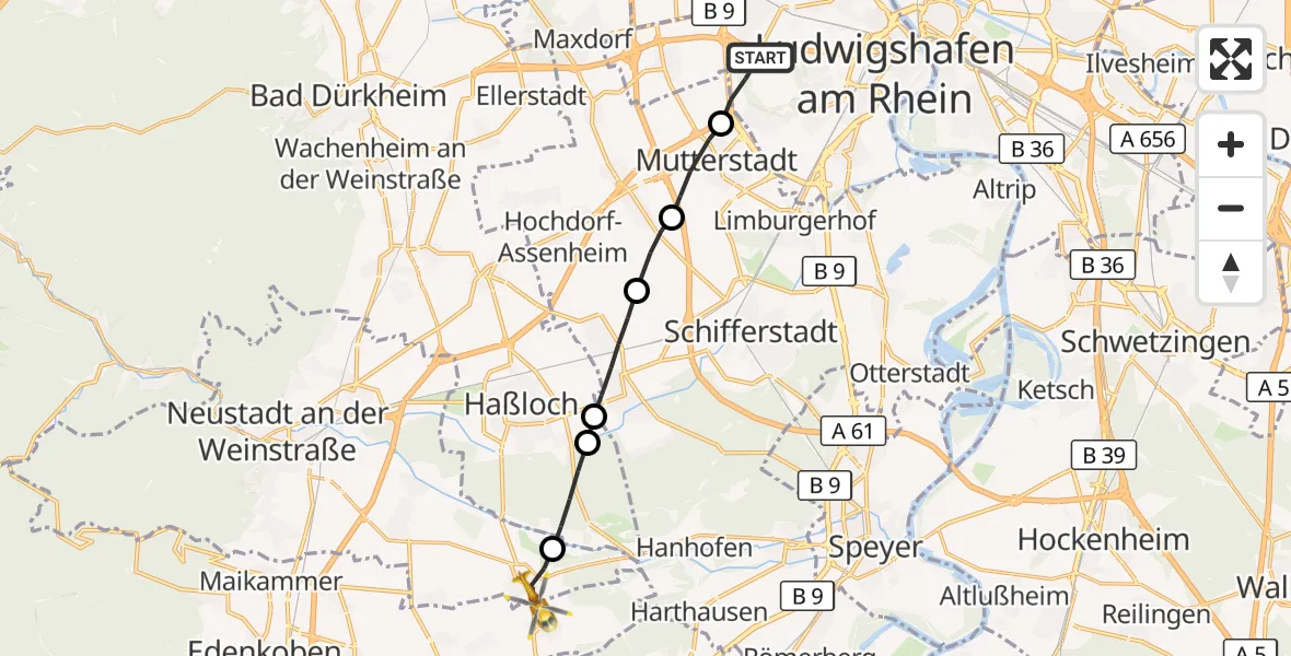 Flugroute Rettungshubschrauber Ludwigshafen am Rhein - Neustadt an der Weinstraße, 14 Juni 2026, 16:46