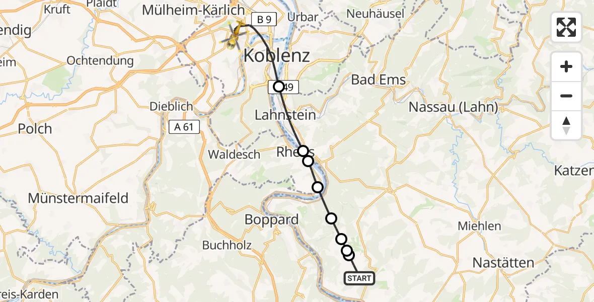 Flugroute Rettungshubschrauber Prath - Koblenz, 14 Juni 2026, 16:49