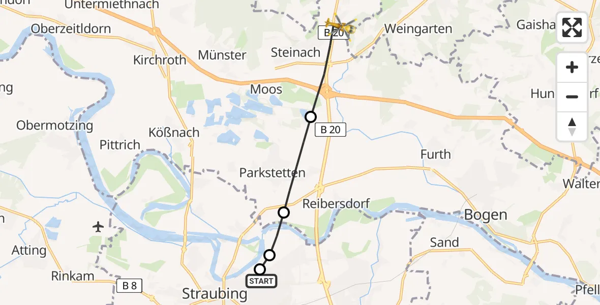 Flugroute Rettungshubschrauber Sankt Elisabeth Hospital Straubing - Steinach, 14 Juni 2026, 16:49
