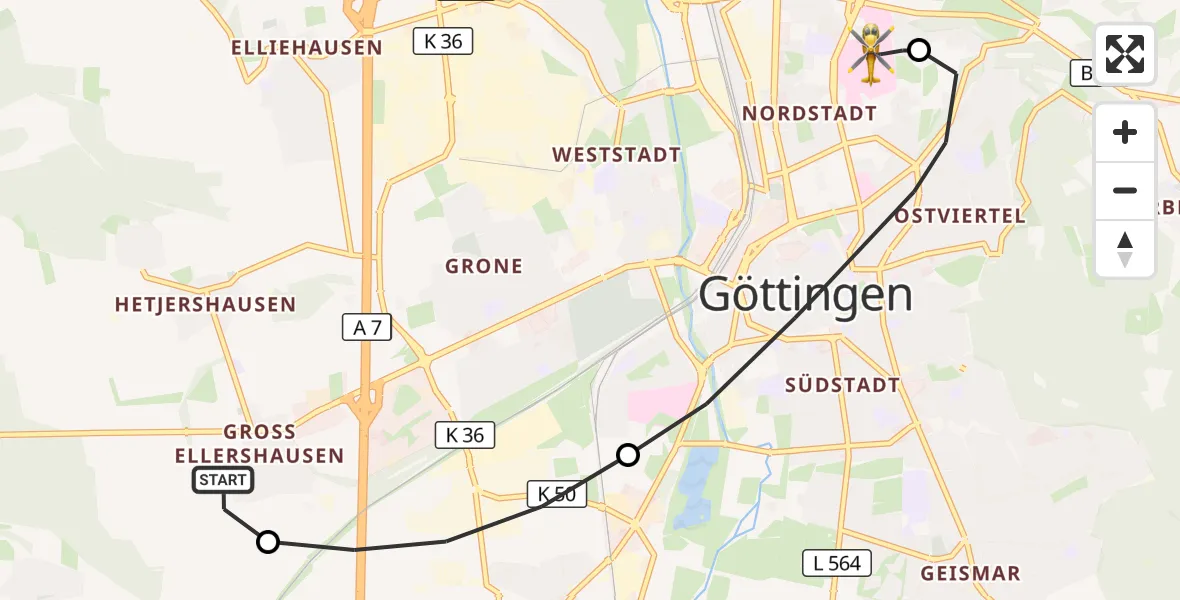 Flugroute Rettungshubschrauber Göttingen - Göttingen University Clinic Hubschrauberlandeplatz, 14 Juni 2026, 16:52