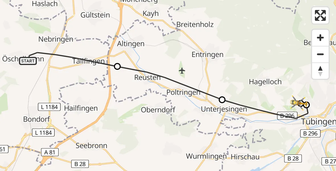 Flugroute Rettungshubschrauber Gäufelden - Tübingen University Hospital, 14 Juni 2026, 16:52