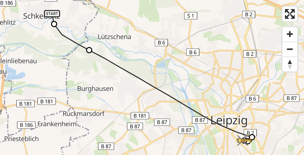 Flugroute Rettungshubschrauber Helios Clinic Schkeuditz - Leipzig University Hospital Heliport 1, 14 Juni 2026, 17:01