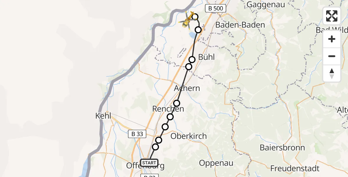 Flugroute Ambulanzhubschrauber Offenburg - Karlsruhe Baden-Baden Flughafen, 14 Juni 2026, 17:00