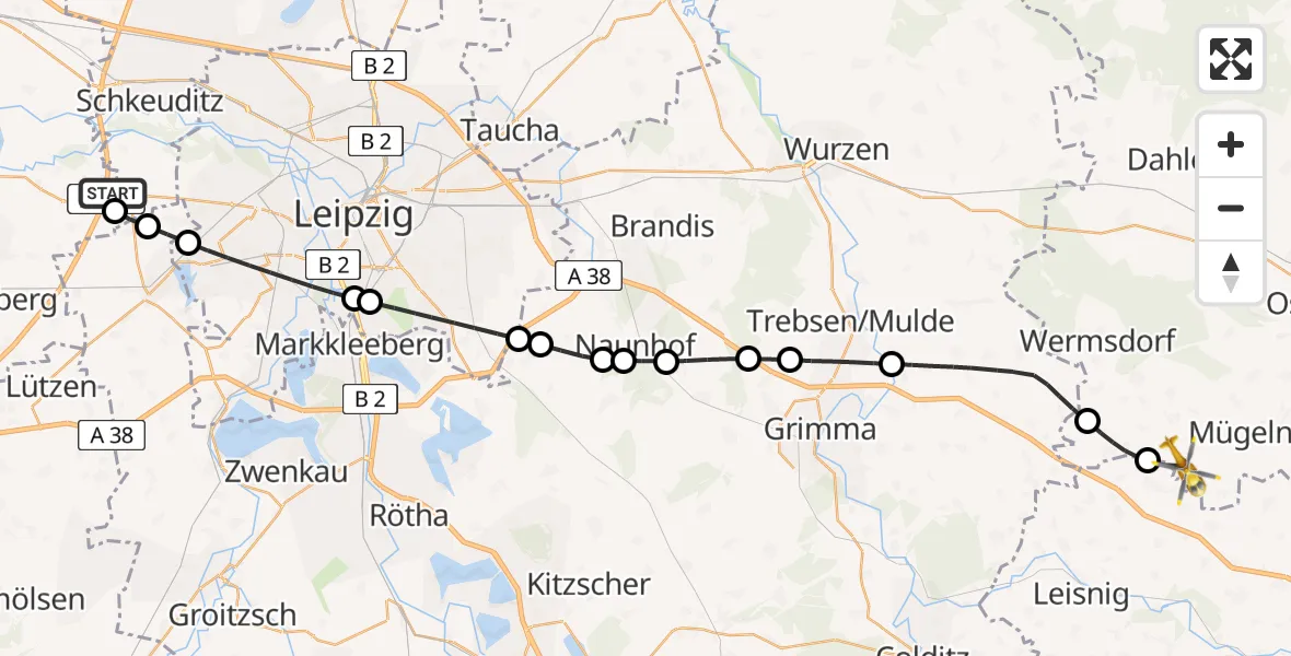 Flugroute Rettungshubschrauber ADAC Air Rescue Station Leipzig/Schkeuditz-Dölzig Hubschrauberlandeplatz (Christoph 61) - Mügeln, 14 Juni 2026, 17:02