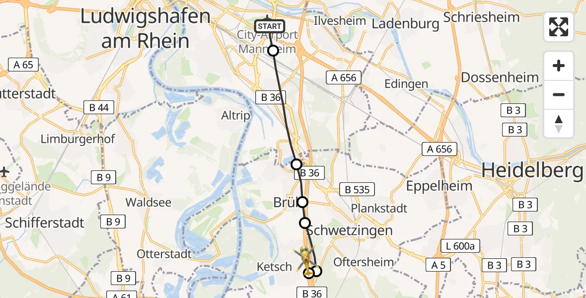 Flugroute Rettungshubschrauber Mannheim-City Flughafen - Ketsch, 14 Juni 2026, 17:04