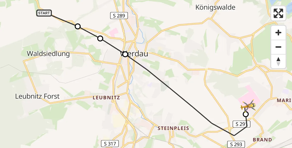 Flugroute Rettungshubschrauber Langenbernsdorf - ADAC Air Rescue Station Zwickau Hubschrauberlandeplatz, 14 Juni 2026, 17:14