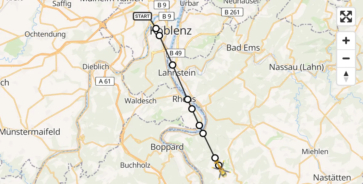 Flugroute Rettungshubschrauber Koblenz - Lykershausen, 14 Juni 2026, 17:17