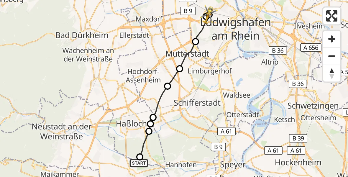 Flugroute Rettungshubschrauber Neustadt an der Weinstraße - Ludwigshafen Accident Hospital, 14 Juni 2026, 17:18