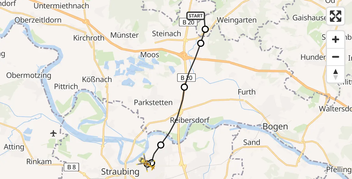 Flugroute Rettungshubschrauber Steinach - Sankt Elisabeth Hospital Straubing, 14 Juni 2026, 17:21