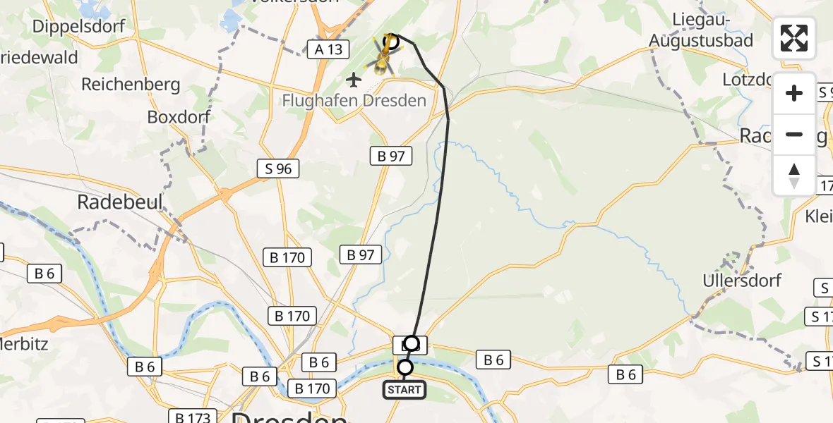 Flugroute Rettungshubschrauber Dresden University Hospital - Dresden Bundespolizei Hubschrauberlandeplatz, 14 Juni 2026, 17:21