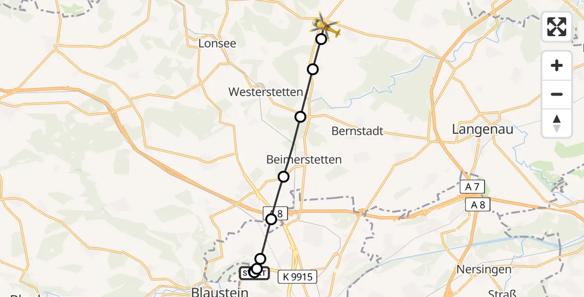 Flugroute Rettungshubschrauber Ulm Military Hospital Emergency - Weidenstetten, 14 Juni 2026, 17:22