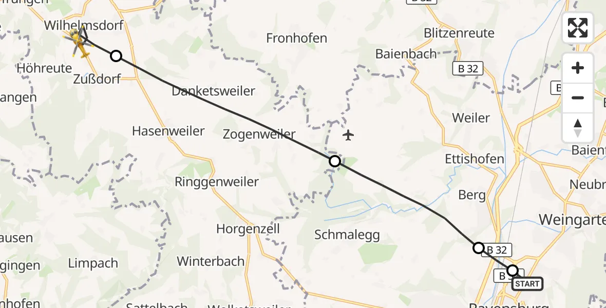 Flugroute Rettungshubschrauber Sankt Elisabeth Hospital - Wilhelmsdorf, 14 Juni 2026, 17:23