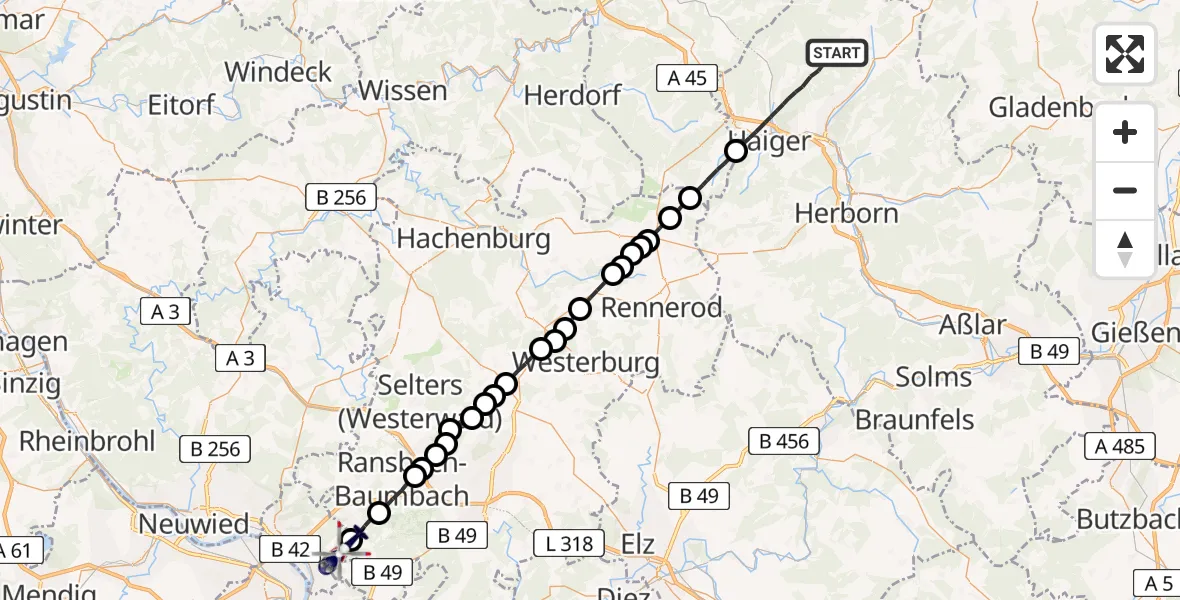 Flugroute Polizeihubschrauber Haiger - Vallendar, 14 Juni 2026, 17:25