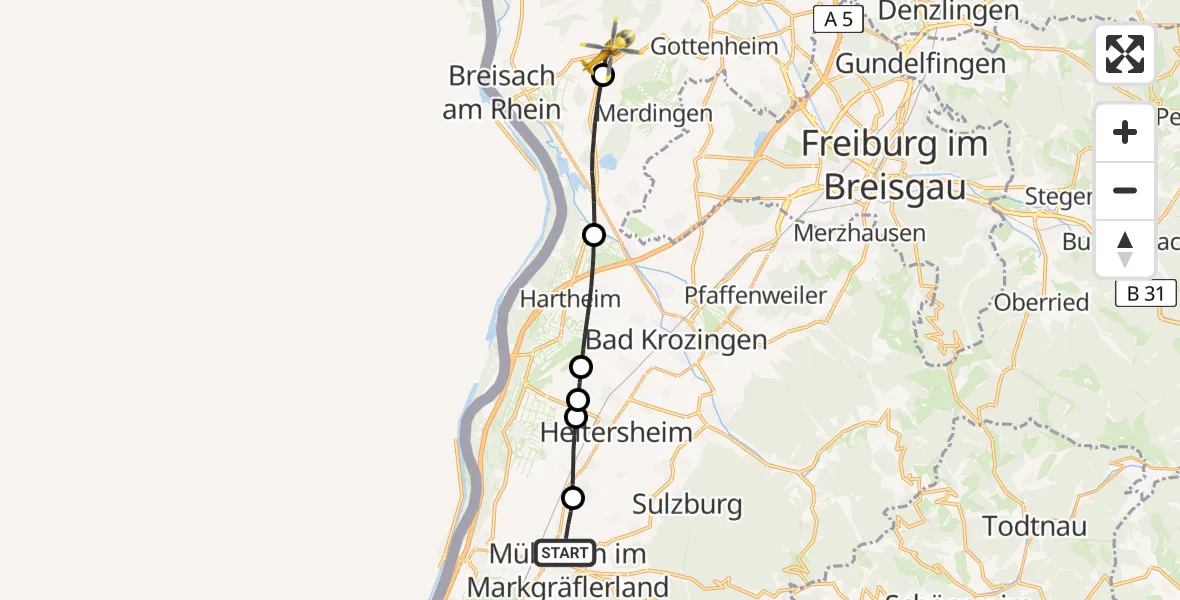 Flugroute Ambulanzhubschrauber Müllheim im Markgräflerland - Ihringen, 14 Juni 2026, 17:26