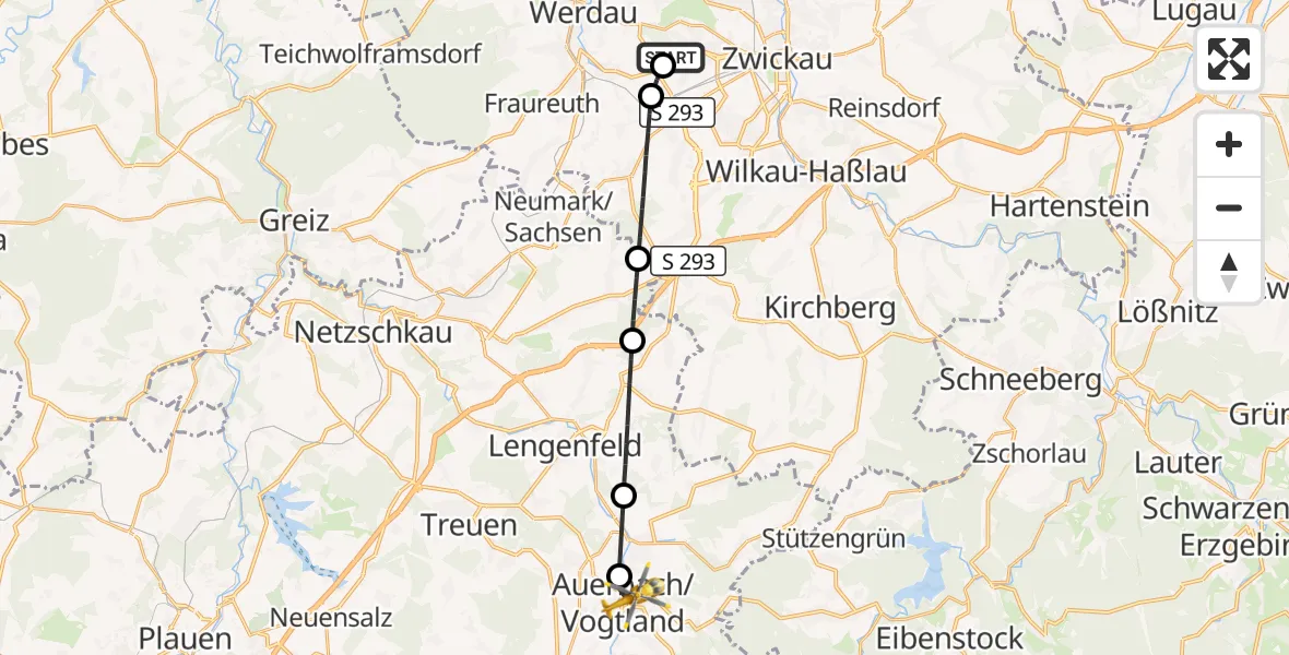 Flugroute Rettungshubschrauber ADAC Air Rescue Station Zwickau Hubschrauberlandeplatz - Auerbach/Vogtl., 14 Juni 2026, 17:27