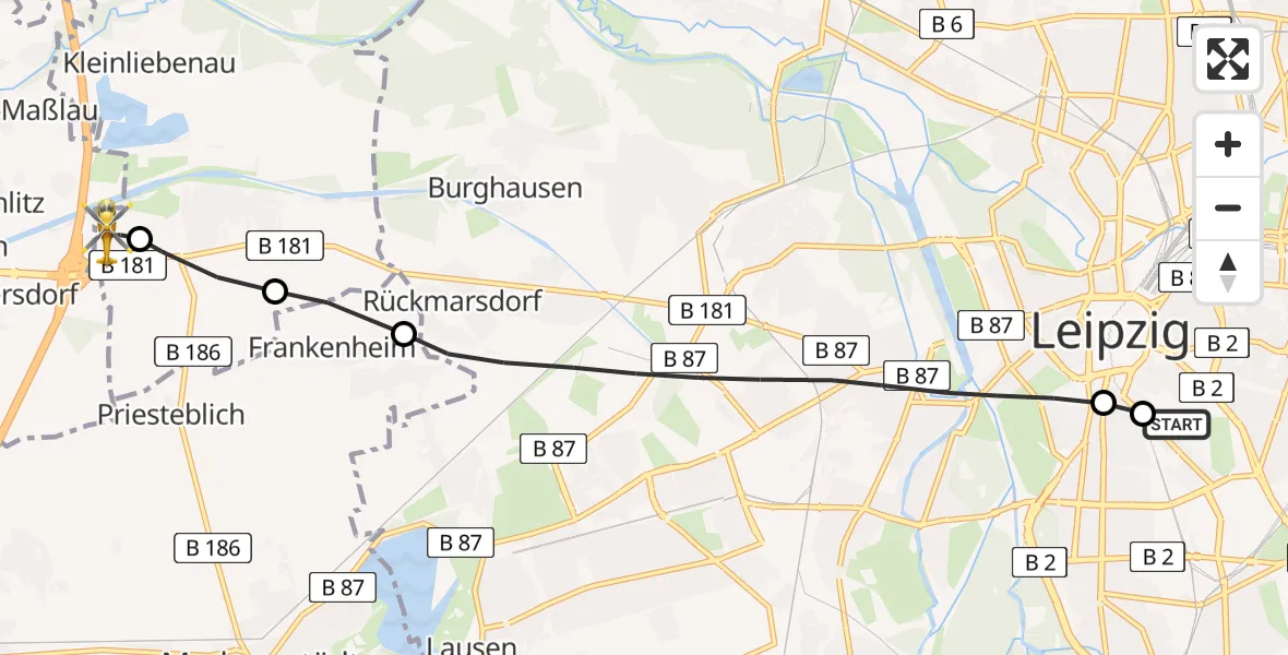 Flugroute Rettungshubschrauber Leipzig University Hospital Heliport 1 - ADAC Air Rescue Station Leipzig/Schkeuditz-Dölzig Hubschrauberlandeplatz (Christoph 61), 14 Juni 2026, 17:37