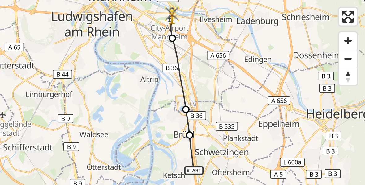 Flugroute Rettungshubschrauber Ketsch - Mannheim-City Flughafen, 14 Juni 2026, 17:37