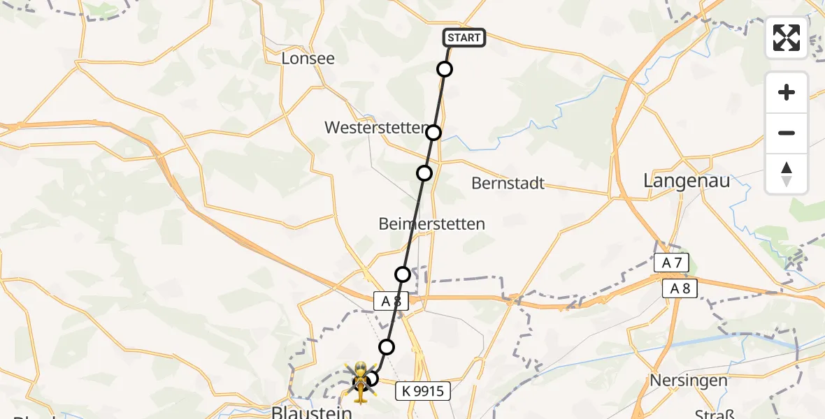 Flugroute Rettungshubschrauber Weidenstetten - ADAC Air Rescue Station Ulm (Christoph 22), 14 Juni 2026, 17:39