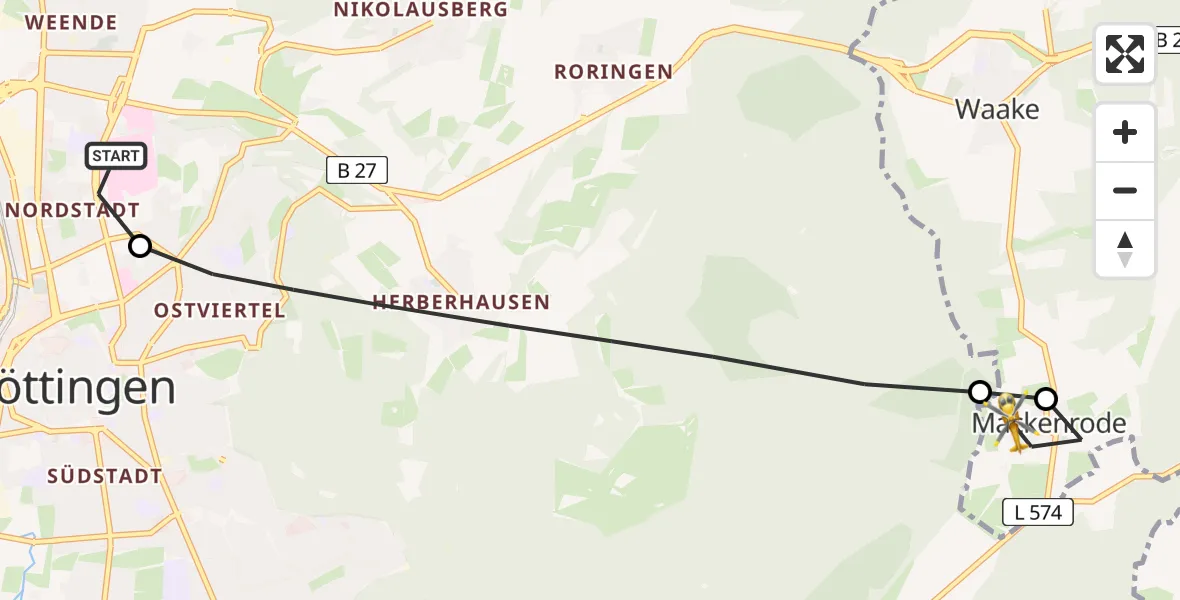Flugroute Rettungshubschrauber Göttingen University Clinic Hubschrauberlandeplatz - Landolfshausen, 14 Juni 2026, 17:41