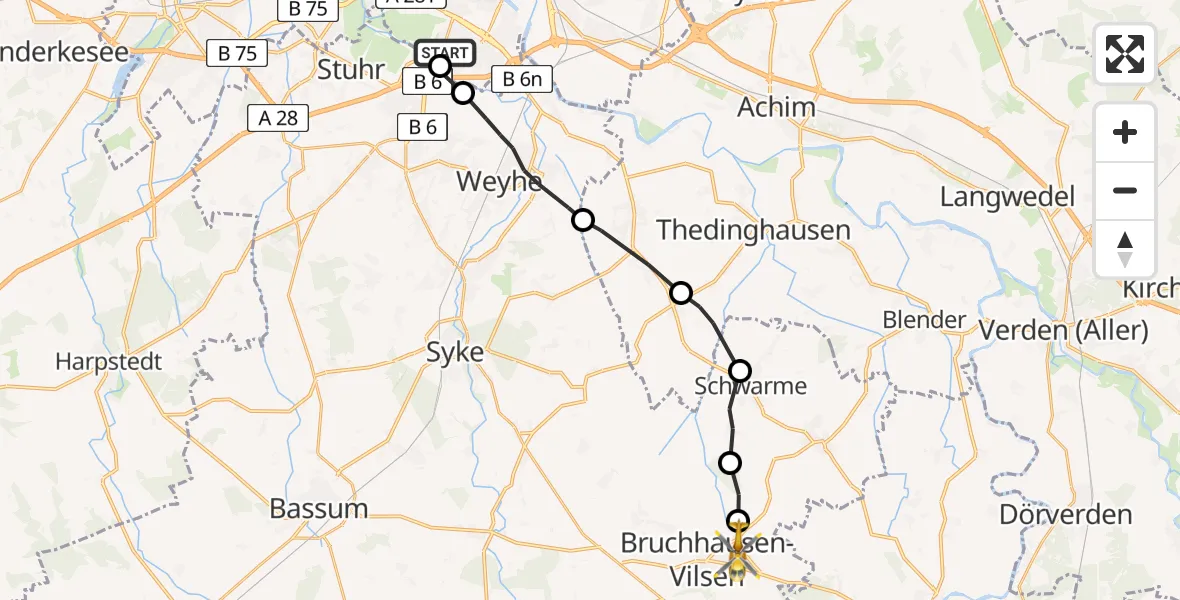 Flugroute Rettungshubschrauber ADAC Air Rescue Station Bremen Hubschrauberlandeplatz (Christoph 6) - Bruchhausen-Vilsen, 14 Juni 2026, 17:44