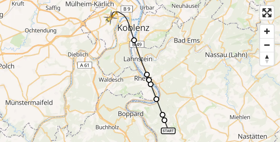Flugroute Rettungshubschrauber Lykershausen - Koblenz, 14 Juni 2026, 17:58