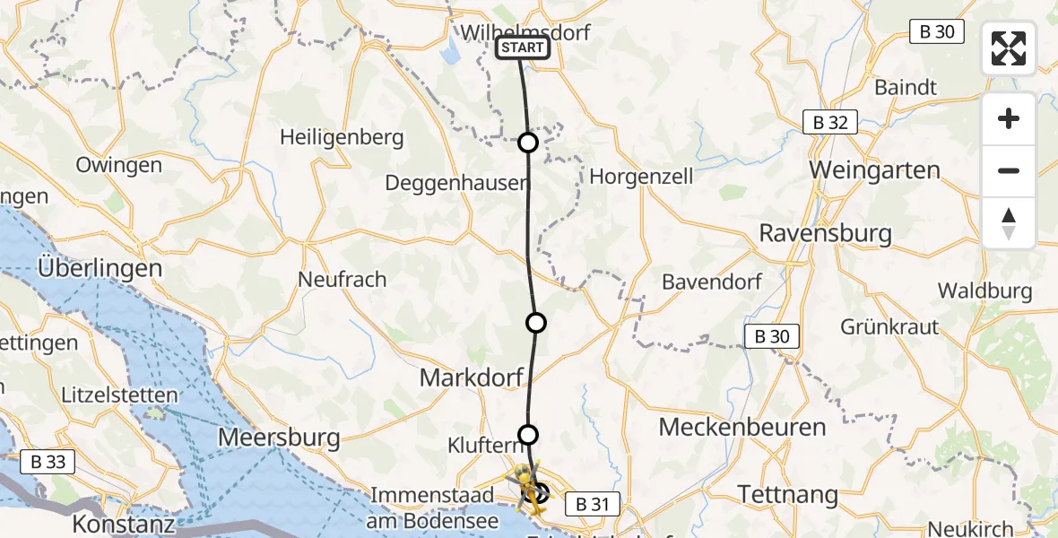Flugroute Rettungshubschrauber Wilhelmsdorf - Friedrichshafen Hospital, 14 Juni 2026, 17:59