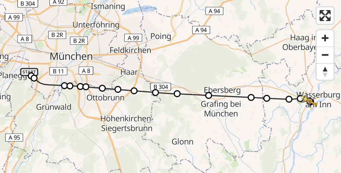 Flugroute Rettungshubschrauber DRF Air Rescue München Hubschrauberlandeplatz - RoMed Hospital Wasserburg, 14 Juni 2026, 18:04