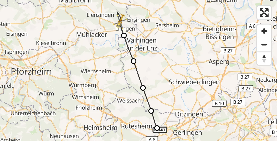 Flugroute Rettungshubschrauber Leonberg Hospital - Illingen, 14 Juni 2026, 18:09