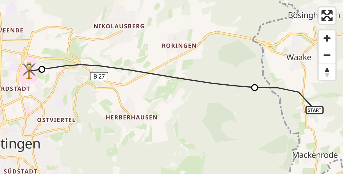 Flugroute Rettungshubschrauber Waake - Göttingen University Clinic Hubschrauberlandeplatz, 14 Juni 2026, 18:13
