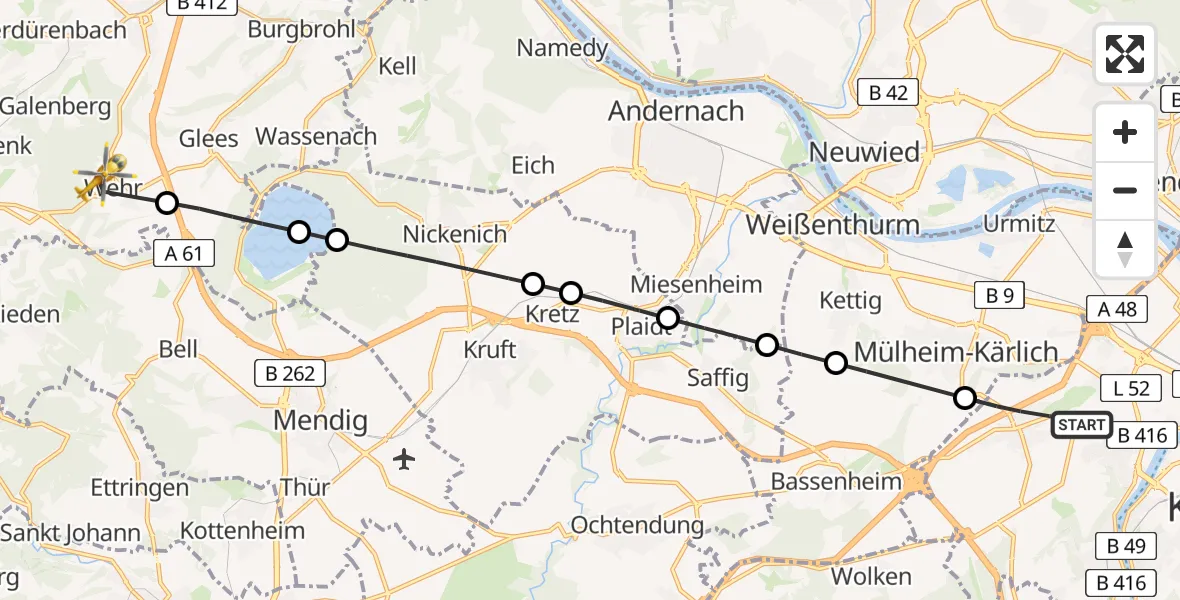 Flugroute Rettungshubschrauber Koblenz - Wehr, 14 Juni 2026, 18:20