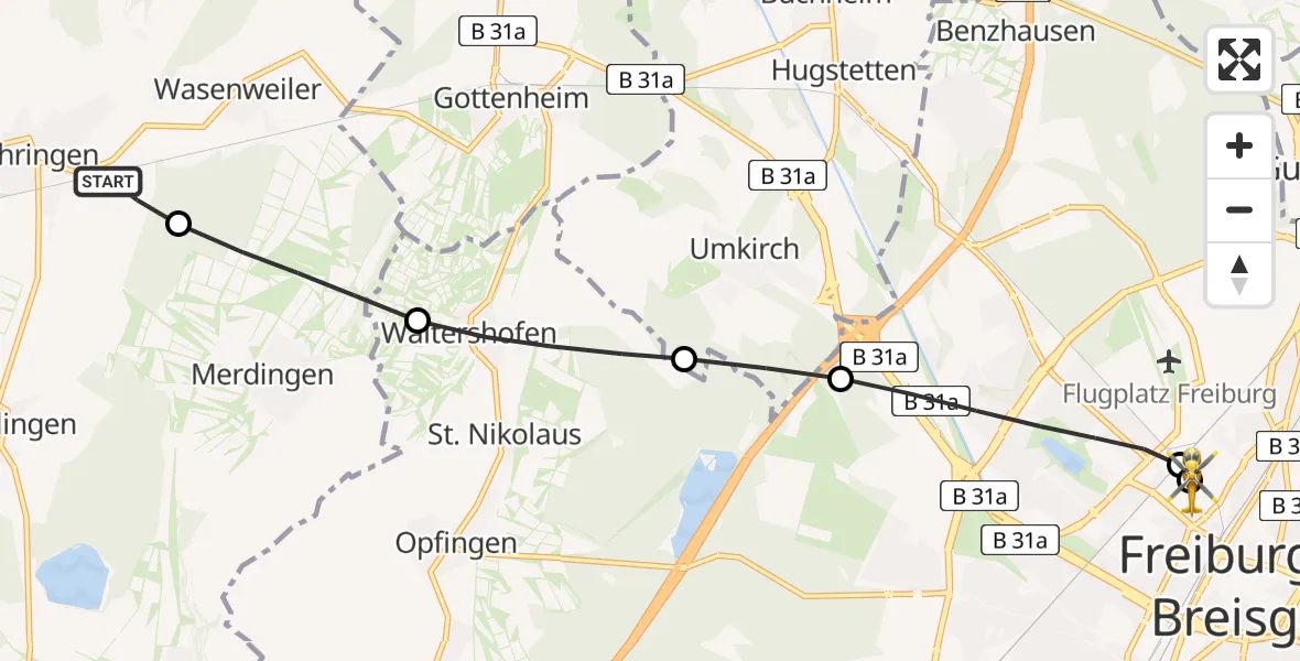 Flugroute Ambulanzhubschrauber Ihringen - Freiburg University Hospital Heliport 1, 14 Juni 2026, 18:23