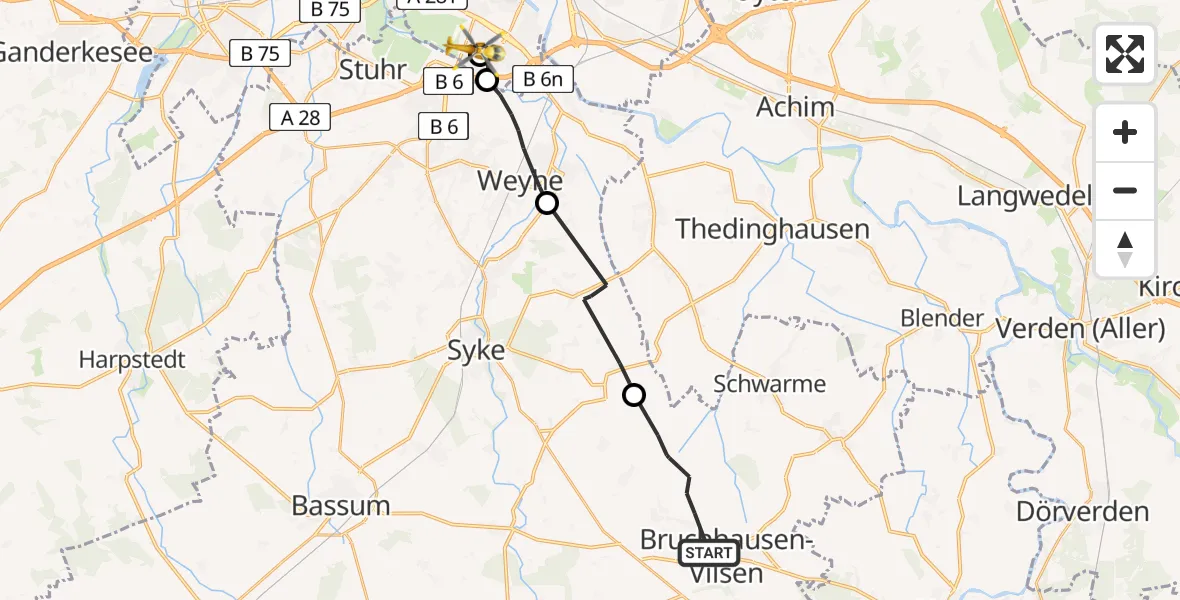 Flugroute Rettungshubschrauber Bruchhausen-Vilsen - ADAC Air Rescue Station Bremen Hubschrauberlandeplatz (Christoph 6), 14 Juni 2026, 18:30
