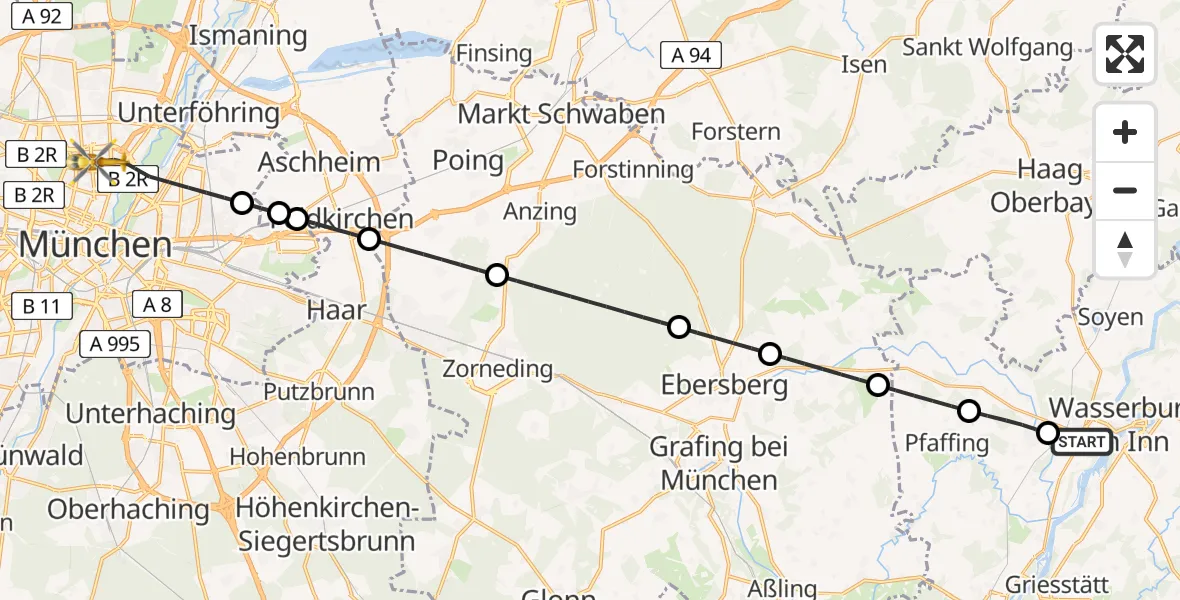 Flugroute Rettungshubschrauber Wasserburg a.Inn - München, 14 Juni 2026, 18:35