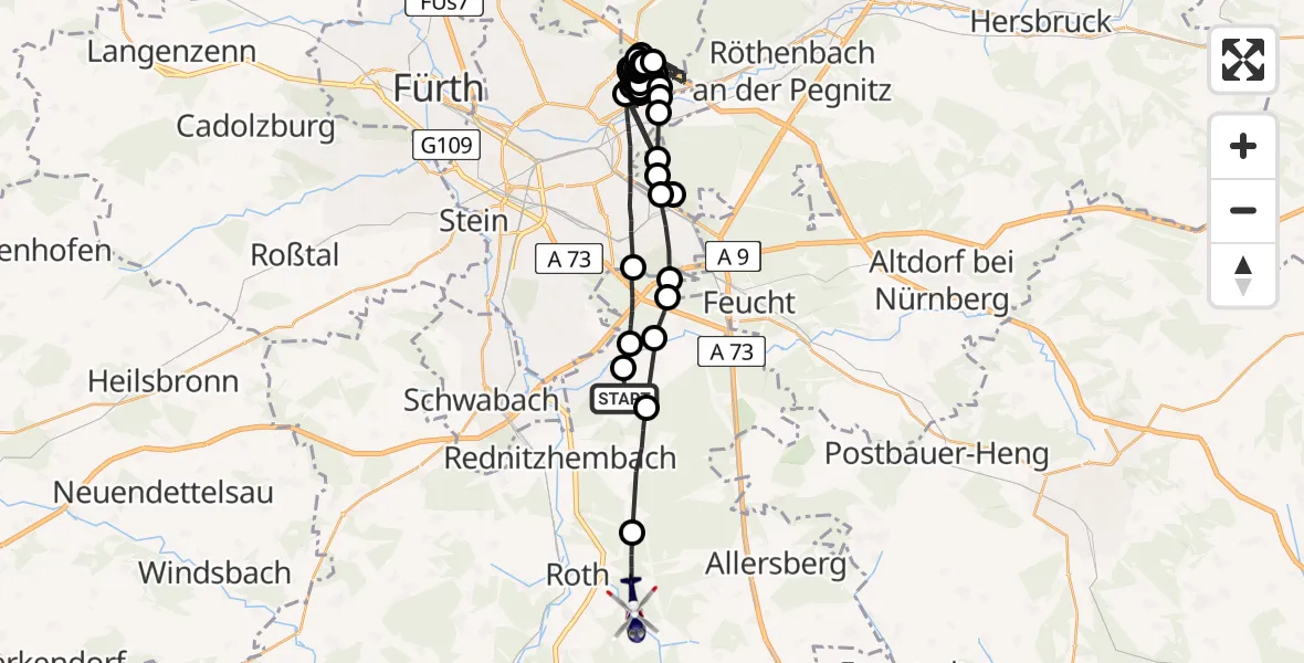 Flugroute Polizeihubschrauber Schwanstetten - Roth, 14 Juni 2026, 18:37