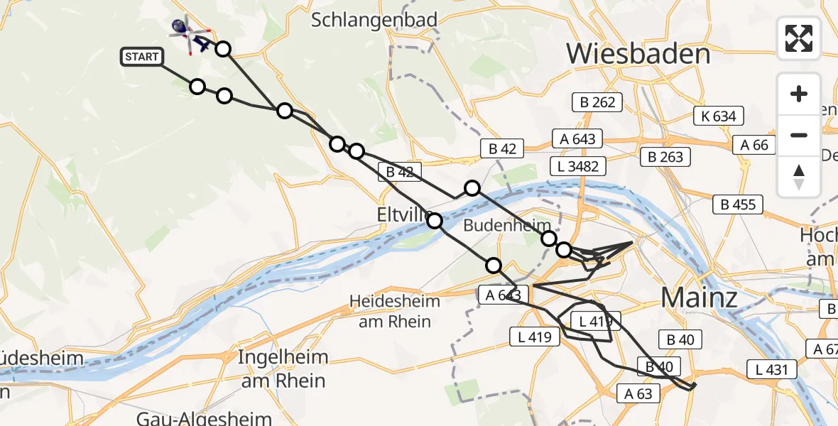 Flugroute Polizeihubschrauber Oestrich-Winkel - Schlangenbad, 14 Juni 2026, 19:03