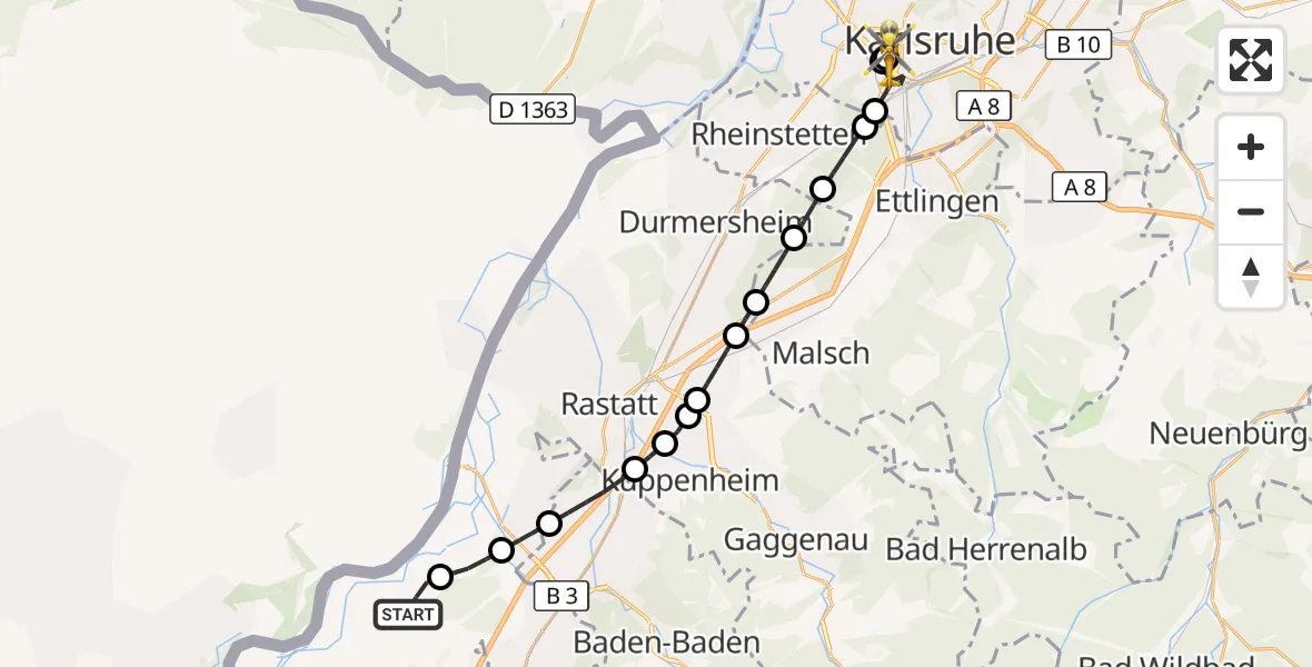 Flugroute Rettungshubschrauber Karlsruhe Baden-Baden Flughafen - Sankt Vincentius Hospital, 14 Juni 2026, 19:12